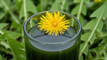 A glass of dark green liquid with a yellow dandelion flower floating on the surface
