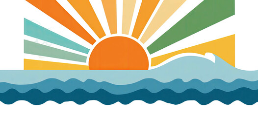 A vibrant graphic design featuring a rising sun over stylized ocean waves in a retro color palette