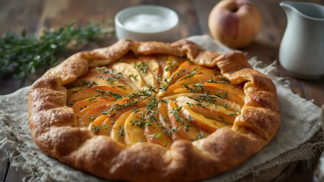 Peach galette with fresh thyme on rustic crust and cozy autumn pastry tart with creamy sauce
