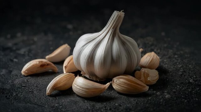 Moody still life of garlic bulb with separated cloves dark textured surface vegetable produce