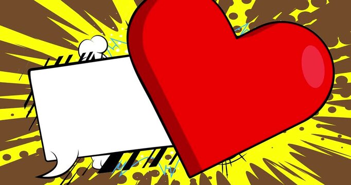 Cartoon heart with blank speech bubble, comic book valentine's day video. Retro comics pop art animation.