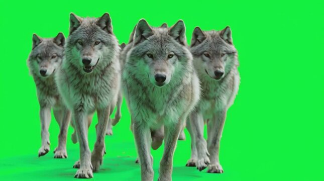 A formidable pack of grey wolves approaches with a slight angle, demonstrating their coordinated movement and collective presence.