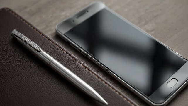 Sleek metal pen smartphone notebook leather modern workspace calm reflective professional silver