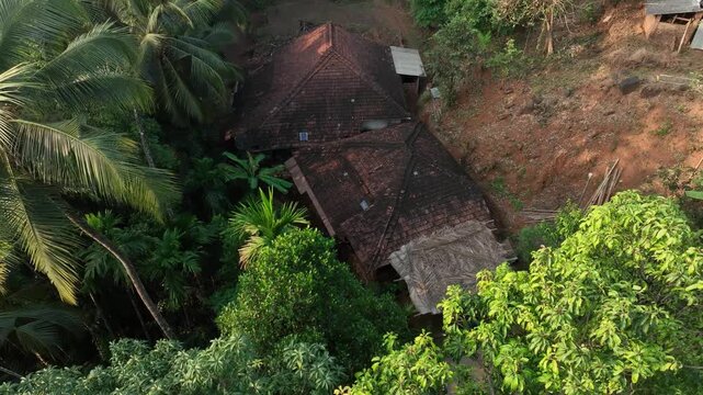 Elevated aerial shot of a tranquil  kokan village tucked amid tropical forests and hill slopes, highlighting traditional homes, earthy pathways, coconut trees, and rich green foliage in a peaceful, un