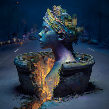 A surreal sculpture of a serene woman's head emerges from a cracked pot, revealing a glowing city within, set against a dark urban road.