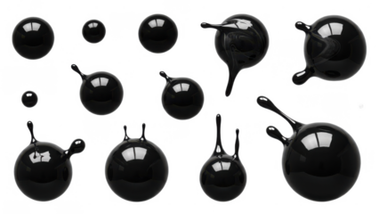 Abstract composition of 3d lustrous black spheres displaying dynamic fluid movement and drops