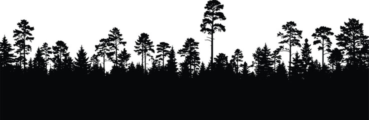 Black silhouette of a dense forest with various pine trees against a white background © Arafat