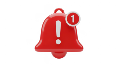 Red 3d notification bell icon with an exclamation mark and a new alert count of one