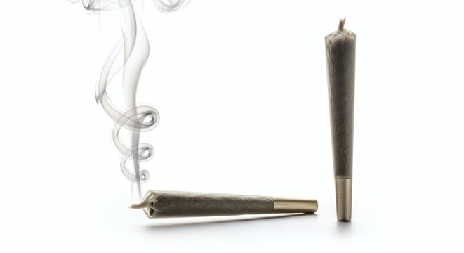 Ultra-realistic cannabis pre-roll with elegant smoke wisps on white background commercial product photography with dramatic lighting and frozen motion