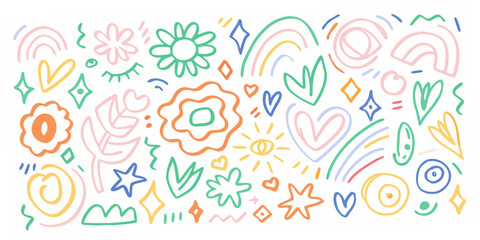 colorful hand drawn doodles featuring flowers stars rainbows and various whimsical shapes