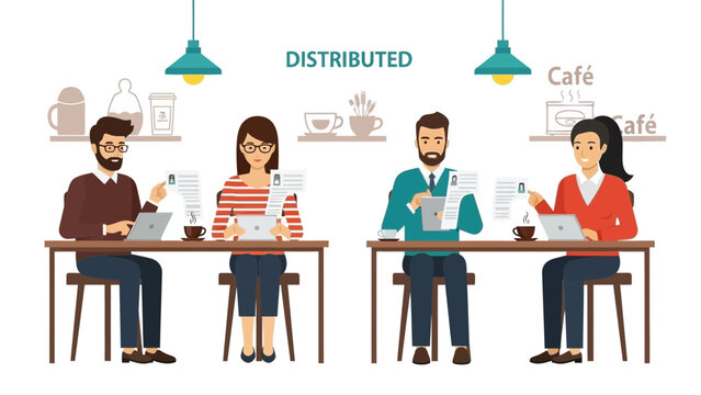 Remote Team Working in Cafe, Distributed Workforce Concept