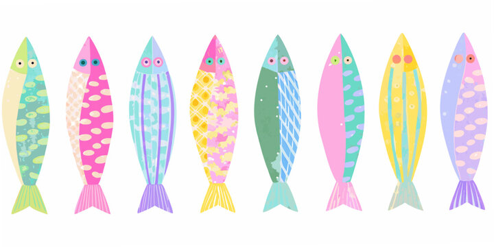 a colorful row of whimsical fish illustrations with various patterns and hues