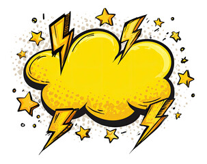 Naklejka premium Cartoon-style illustration of a yellow cloud with lightning bolts and stars, on a black background