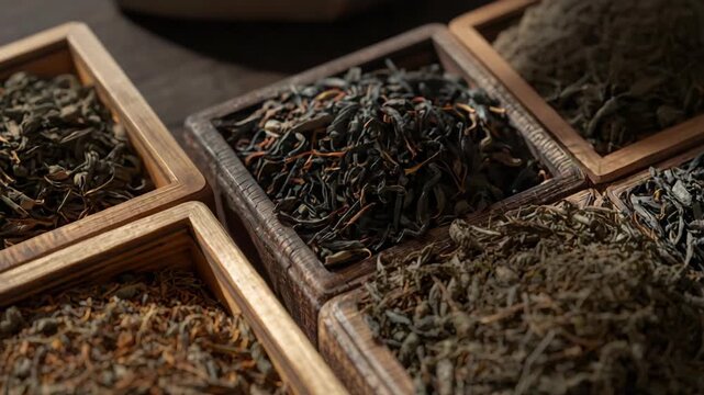 Dried loose tea leaves in wooden boxes warm rustic aromatic market display textured detail