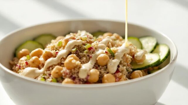 Chickpea couscous salad with cucumber and tahini dressing drizzled creamy bowl for fresh taste