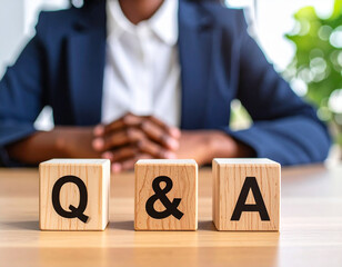 Generative AI
ビジネスシーンのQ&Aイメージ 木製ブロックと女性の手元