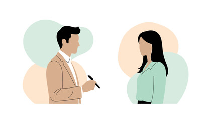 Obraz premium Business meeting illustration: man and woman discussing ideas, modern flat design