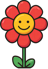 A smiling flower with red petals, a yellow face, green stem, and leaves. Simple, cartoon-style illustration