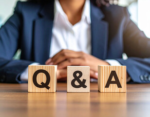 Generative AI
ビジネスシーンのQ&Aイメージ 木製ブロックと女性の手元
