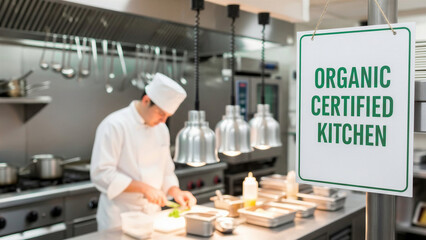 Chef preparing food in an organic certified kitchen with a focus on healthy and sustainable cooking