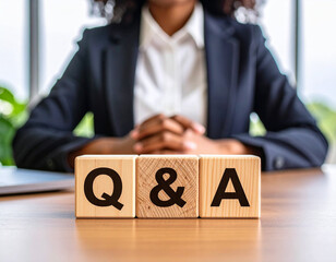 Generative AI
ビジネスシーンのQ&Aイメージ 木製ブロックと女性の手元