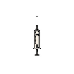 A medical syringe illustration centered against a stark black background, minimalistic