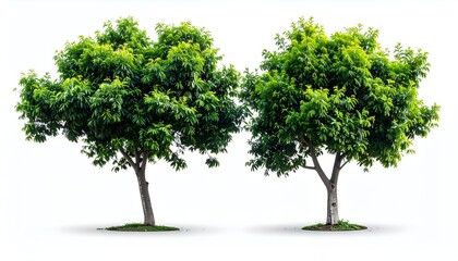 Fototapeta premium Two vibrant green trees isolated on a white background, perfect for design elements.