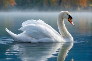 Fototapeta premium Graceful white swan swimming in serene lake with mirror reflection, misty background of trees, creating peaceful, serene mood.