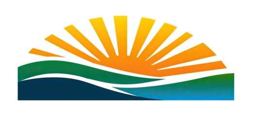 Stylized sun rising over ocean waves in shades of orange, green, and blue on black background