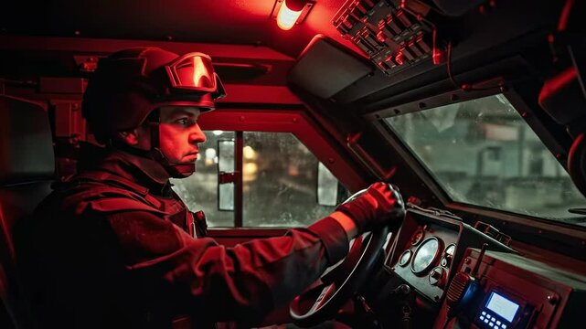 Military Police Officer in Tactical Gear Driving Armored Vehicle at Night