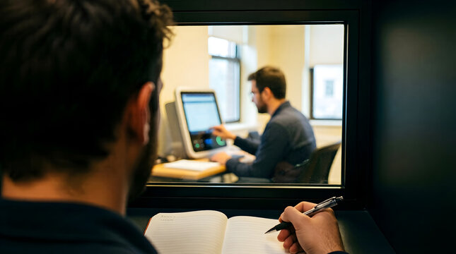 UX Researcher Observes User Test Through One-Way Mirror, Gathering Critical Data for Product Development and Enterprise Strategy