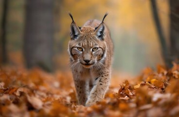 Obraz premium Lynx walking through autumn forest with orange and yellow leaves, blurred woodland background.