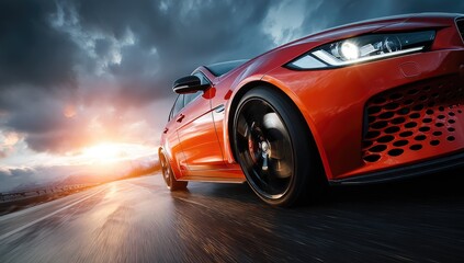 Naklejka premium A red coupe speeding on a wet highway with dynamic cloudscape and bright sunset