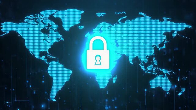 Cybersecurity data protection digital map padlock global network internet security glowing globe