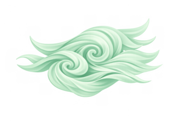 Green abstract spiral waves flowing motion, decorative organic swirl pattern, ethereal curved design element, transparent background