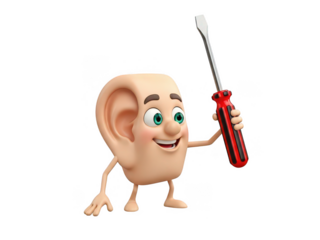 Cartoon ear holding screwdriver isolated on transparent background