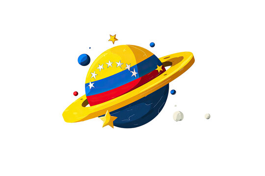 Animated cartoon planet resembling Saturn with colorful stripes, stars, and rings, set against black
