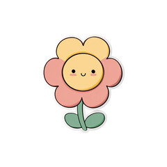 Fototapeta premium Cute cartoon flower with smiling face and green stem on a black background
