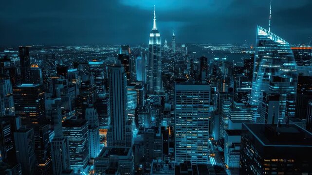 Neon city skyline at night with glowing skyscraper spire skyline lit moody blue atmosphere