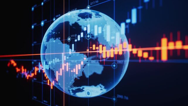 Dynamic global financial chart showing market trends and digital data on a spinning earth hologram