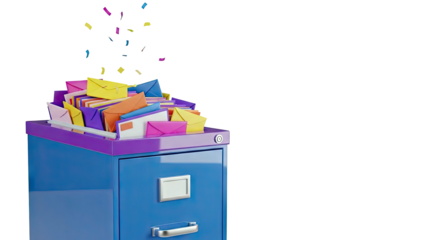 Overflowing Filing Cabinet with Colorful Envelopes and Confetti