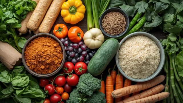 Fresh vegetable rice spice cucumber carrot tomato bowl arranged for vibrant plant based meal prep