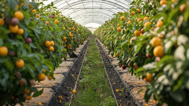 Greenhouse tunnel orchard rows of fruit tree plum and kumquat trellised grassy aisle warm harvest