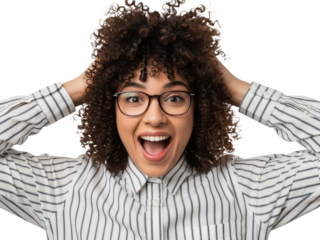 Frustrated woman with curly hair holding head in hands wearing glasses isolated on transparent background
