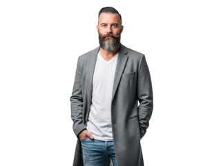 Fototapeta premium Confident bearded man in gray coat standing with hands in pockets isolated on transparent background