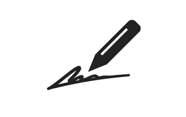 A simple, dark-themed icon depicting a pencil writing a stylized signature