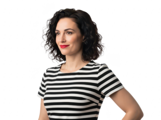 Confident woman with curly hair in striped shirt smiling at camera isolated on transparent background