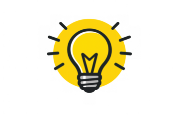 Light bulb icon illuminating a yellow circle, symbolizing creative insight, innovation, and problem-solving solutions