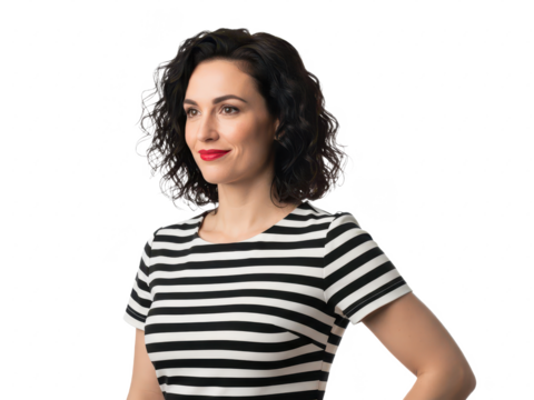 Confident woman with curly hair in striped shirt smiling at camera isolated on transparent background - Powered by Adobe