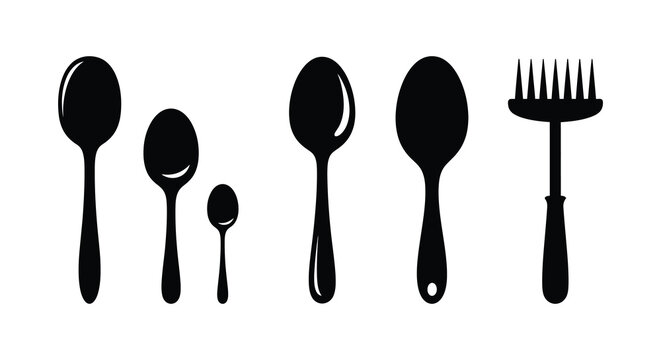 a collection of various spoon and fork shapes displayed in a simple elegant silhouette style